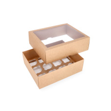Cupcake-spør i to deler for 12 cupcakes med PVC-vinduer og spesialinnsats 300x250x100 mm Brun (10-pakning)