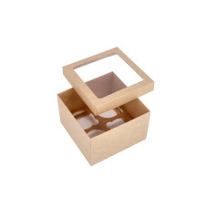 Cupcake-spør i to deler for 4 cupcakes med PVC-vinduer og spesialinnsats 150x150x100 mm Brun (10-pakning)
